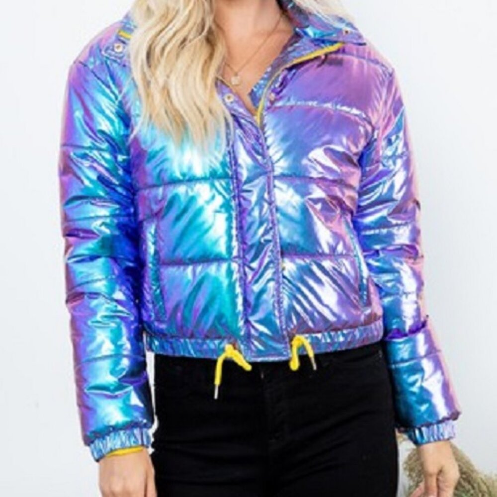 Metallic Blue Green Mermaid Color Change Cropped Puffer Yellow Drawstring Jacket